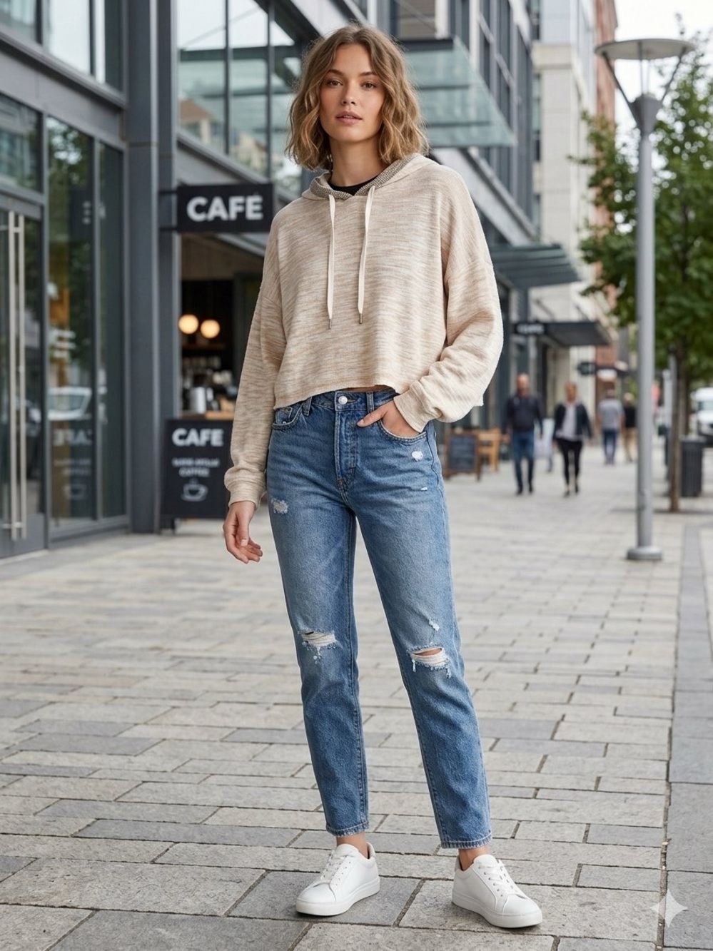 Double Zero Neutral Beige Cropped Hoodie